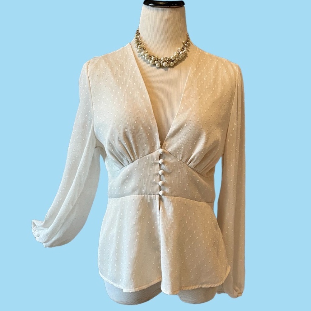 IVORY/OFF-WHITE FRENCH DOT BLOUSE, DEEP V NECK, BUTTONS LONG SLEā¦